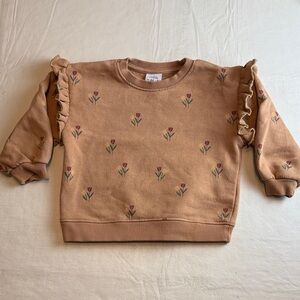 Zara Girls Tan Crewneck Floral Design Ruffle Long Sleeve Sweatshirt Size 2-3